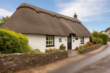 Fototapeta na wymiar front elevation of a stone cottage, thatched roof, cobblestone driveway