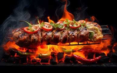 Promotional commercial photo Kebab prepared on barbecue grill over hot charcoal fire. Grilled pieces of pork meat on metal skewers