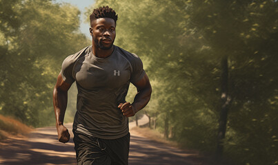 Motivated handsome muscular african american athletic guy jogging by green public park and smiling