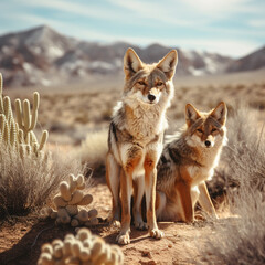 Fotografia con detalle de pareja de coyotes en paisaje natural - obrazy, fototapety, plakaty