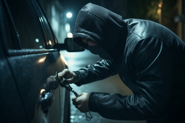 Thief trying to steal a car - obrazy, fototapety, plakaty