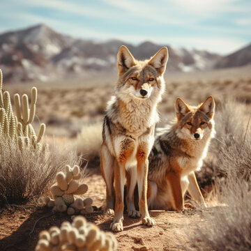 Fotografia con detalle de pareja de coyotes en paisaje natural