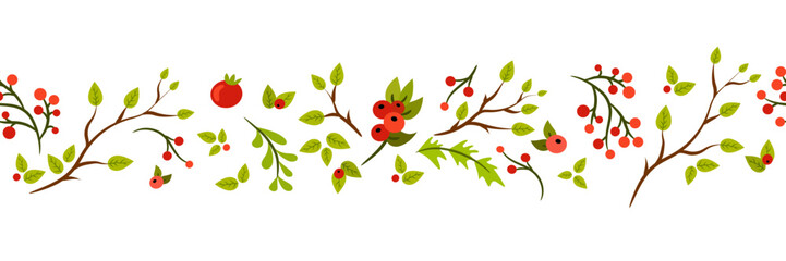 Seamless border with tree branches and berries. Floral design for wrapping paper, wall paper, textile, fabric.