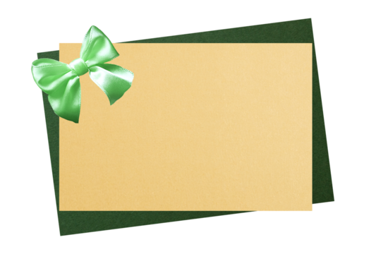 Gift two-color card. Gold blank card on green. Green satin bow. PNG, isolated on a transparent background. Copy space. Christmas, Easter or St. Patrick day present template mockup - Powered by Adobe