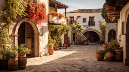 Historic Spanish courtyard with traditional architecture - obrazy, fototapety, plakaty