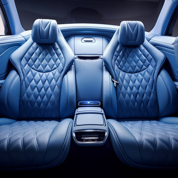Fotografia con detalle de asientos traseros de vehiculo de lujo, con tapizado en cuero azul y detalles lujosos