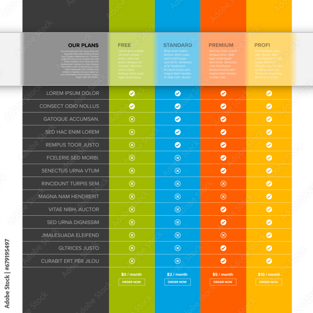 Poster products versions feature and price list table with transparent stripe