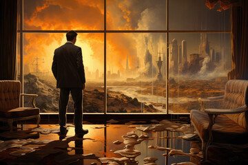 A man in a suit stands in front of a large window and looks at the ruined world.