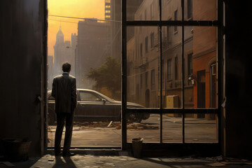 A man in a suit stands in front of a large window and looks at the abandoned city.