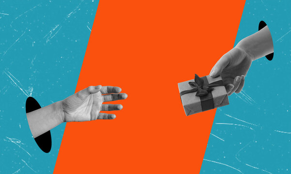 Contemporary art collage depicting a hand with a gift box farting into another hand. The concept of holiday shopping.