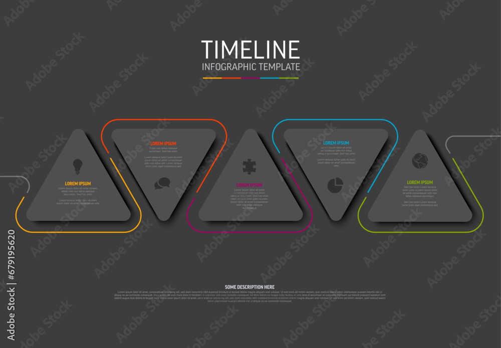 Poster dark five steps template with dark gray triangle cards with icons and description