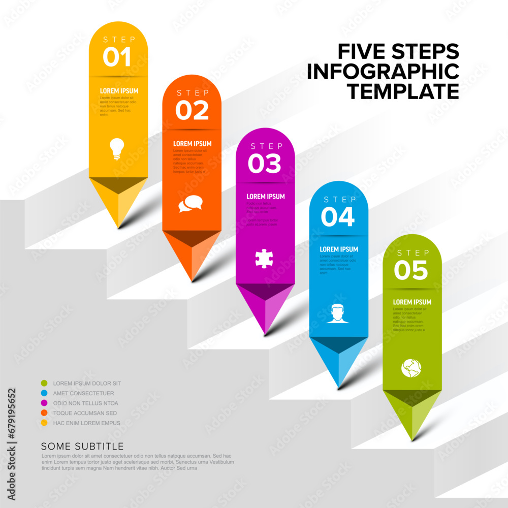 Poster simple infographic with five diagonal steps on big stripes and arrows
