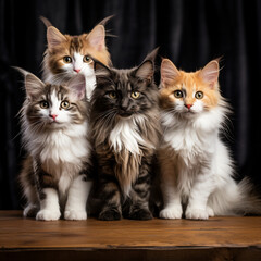 Fotografia con detalle de varios gatos posando, con fondo de tonos oscuros