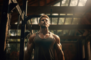 Fototapeta na wymiar A young muscular man is standing in the gym