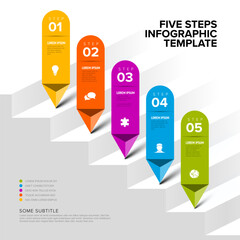 Simple infographic with five diagonal steps on big stripes and arrows - obrazy, fototapety, plakaty