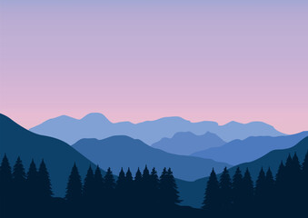 Landscape mountains and forest. Vector illustration in flat style. - obrazy, fototapety, plakaty