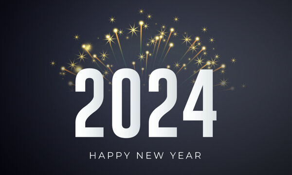 Happy New Year 2024 Greeting Card and Banner with Fireworks