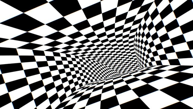 Inside Fast Black White Abstract Checkerboard Optical Illusion Tunnel - 4K Seamless VJ Loop Motion Background Animation