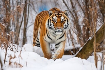Fototapeta na wymiar a siberian tiger traversing a snowy landscape in a large enclosure