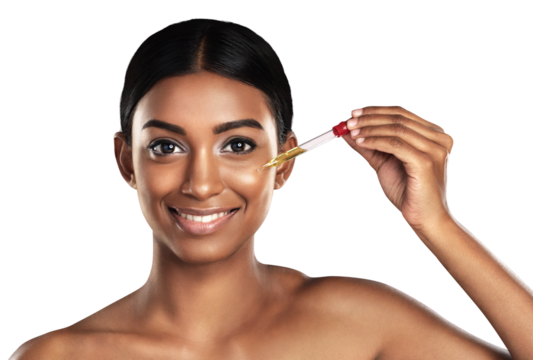 Isolated woman, skincare serum and dropper in portrait, smile or product for health by transparent png background. Girl, model and happy for beauty, cosmetic oil and liquid for facial transformation - Powered by Adobe