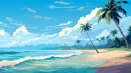Fototapeta na wymiar Tropical beach with palm trees and sea. 