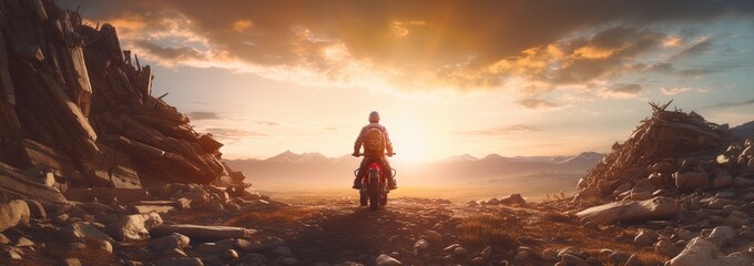 A biker in the rugged badlands. Great for stories of motorcycles, adventure, off-roading, rebellion, freedom and more.  - obrazy, fototapety, plakaty