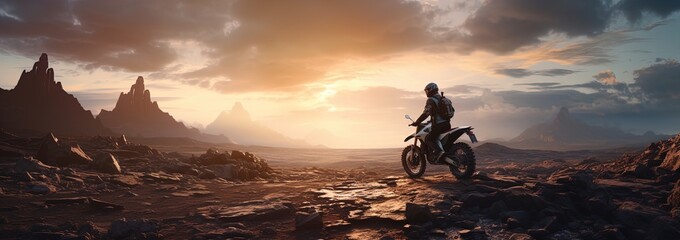 A biker in the rugged badlands. Great for stories of motorcycles, adventure, off-roading, rebellion, freedom and more. 