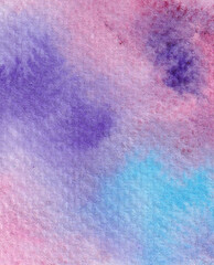 Watercolor abstract background in pink, violet, and blue colors. Beautiful neon texture. Hand-drawn high-resolution illustration for posters, postcards, prints, invitations, and other design.