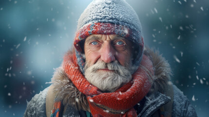 Weathered face of an elderly man with a snowy beard, wearing a hat and scarf, amidst falling snow