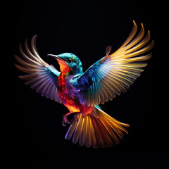 Obraz premium Fondo con detalle de pajaro en vuelo creado con luces de colores, sobre fondo de tono negro