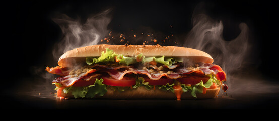 Sandwich with meat and bacon isolated on black background Promotional commercial photo