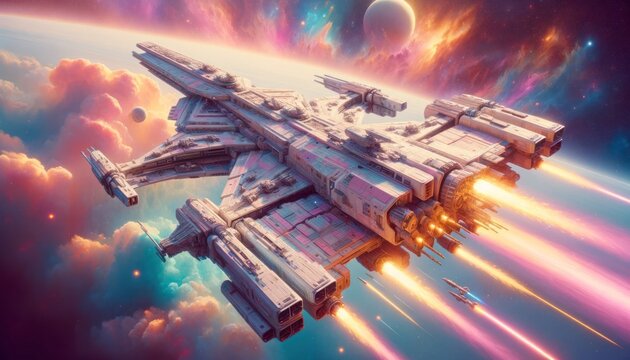 Vivid image depicting an advanced sci-fi spaceship traveling across a colorful space nebula with planets
