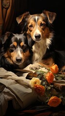 Two shepherd dogs on a bed with roses at their feet.