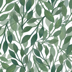 Seamless watercolor floral pattern. Green leaves on white background, perfect for wrappers, wallpapers, postcards, greeting cards, wedding invitations, romantic events.