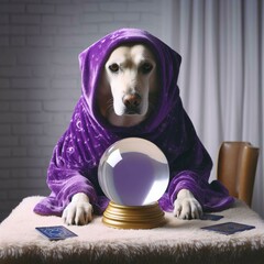 A fortune teller dog with a crystal ball and purple outfit
