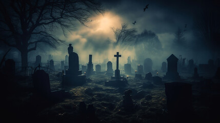 Chilling atmosphere of a scary cemetery at night with fog