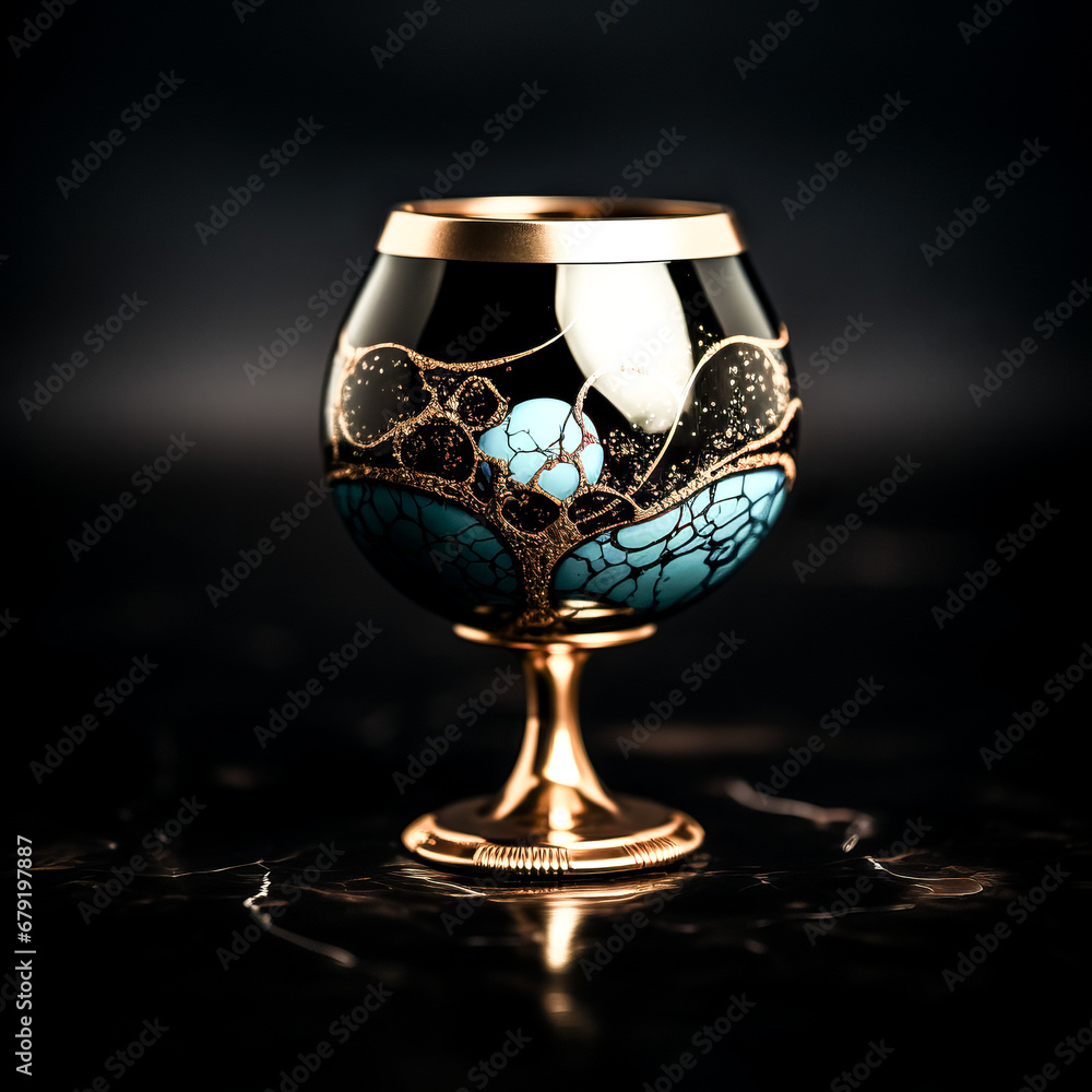 Poster the image shows a black, gold, and turquoise color scheme with a unique design. it features a myster