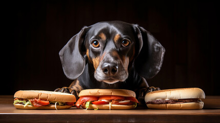 Front view of funny dog that is sitting by the hot dog food that is on the table - obrazy, fototapety, plakaty
