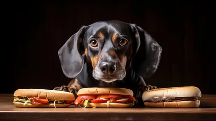 Poster Front view of funny dog that is sitting by the hot dog food that is on the table © standret