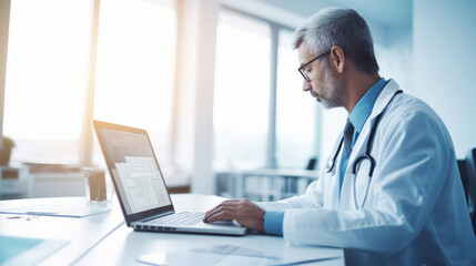 Doctor is sitting by the laptop that is on the table in the office