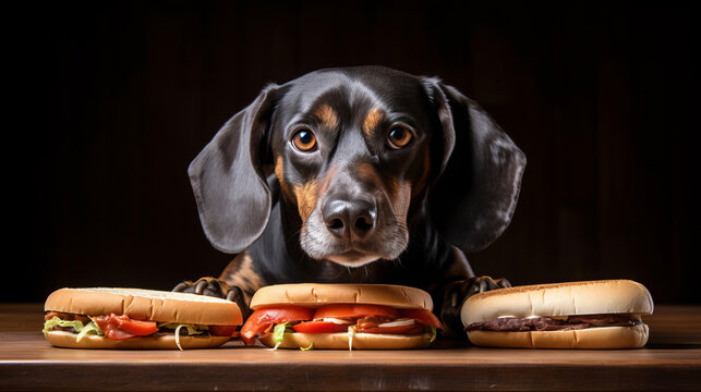 Front View Of Funny Dog That Is Sitting By The Hot Dog Food That Is On The Table