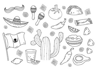 Mexico doodle set. Elements of Mexican Culture Traditional Symbols, Food, flag, maracas, cactus, taco, burrito. Hand drawn vector illustration isolated on white background.