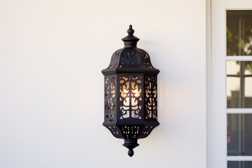 iron-wrought lantern on whitewashed wall in spanish revival style