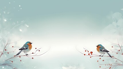 Two robin birds on a winter frosty day illustration for cards