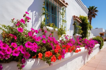 Fototapeta na wymiar colorful flowerbed against whitewashed wall of a spanish revival house