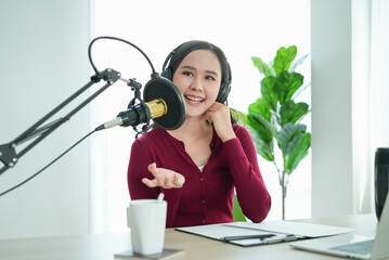 content creator occupation concept. Woman record audio in-home office by condenser microphone