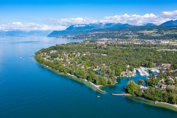 Aerial view of Ripaille neighbourhood  (Thonon-Les-Bains) city in Haute-Savoie in France