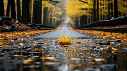 Dry road asphalt. Forest trees on the sides. Beautiful nature at autumn