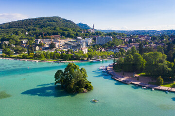 Aerial view of Annecy lake waterfront low tide level due to the drought in France