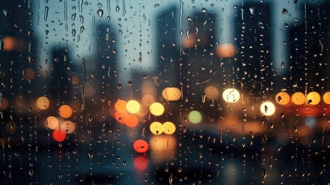 Raindrops on glass against a blurry night city background. Bokeh and raindrops